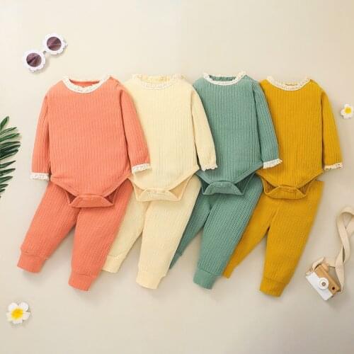 Autumn Baby Clothes Suit Toddler Fashion Boys Girls Solid Lace Long Sleeve Romper Pants 2Pcs/set Casual Clothing Kids Tracksuits