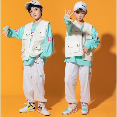2021 Hip Hop Costumes Children Long Sleeves Tops White Vest Pants Stage Outfit Street Dance Clothes Girls Boys Rave Wear BL6920