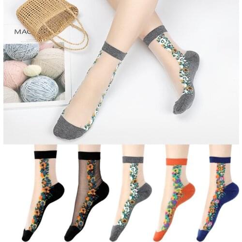 3Pairs/Lot Women Thin Lace Mesh Socks Crystal Silk Flower Ladies Girls Elastic Spring Summer Breathable Middle Tube Sox