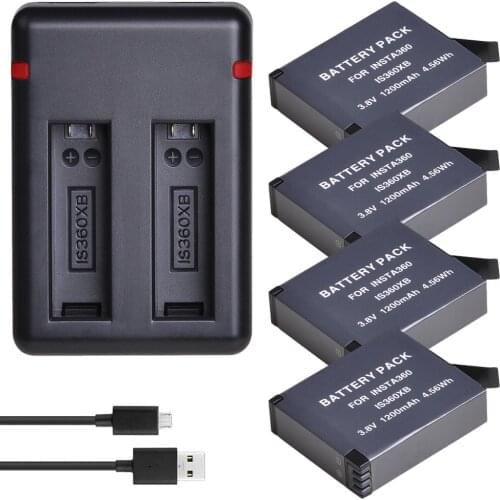 4Pcs 3.8V 1200mAh Insta360 ONE X Battery Replacement + Dual USB Charger with Type C Port for Insta360 ONE X Camera Batteries