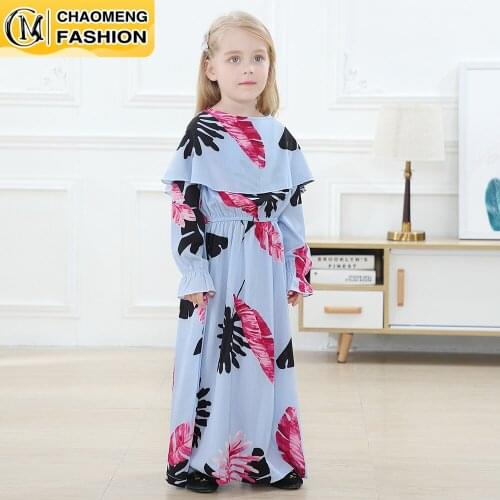 Abaya Modest Fashion Printing With Lapel Little Girls Dress Muslim Kids Clothes Children Robe Vetement Fille Princess Vestidos