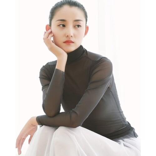 Ballet tops dance shirt sheer power mesh ballet shirt ballerina dancewear high neck dance T shirt long sleeve dance tops