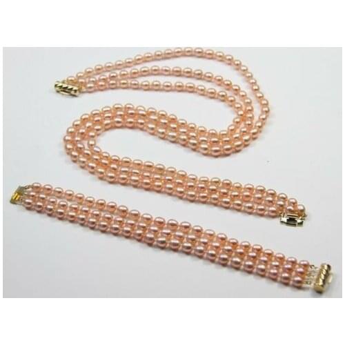 Free shipping jewelry 3 row 7-8mm natural genuine oval freshwater pink purple pearl necklace bracelet 17"-18"