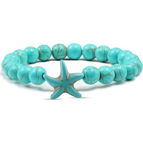 Fashion Starfish Blue Green Turquoises Beaded Bangles Bracelets Beach Charm Jewelry Sea Star Natural Stone Bracelet Couple Gifts