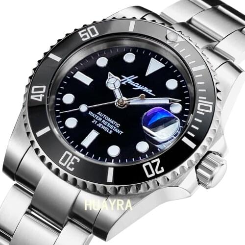 Mens watch 40mm luxury sapphire glass machinery stainless steel ceramic ring 100m waterproof black dial automatic chain