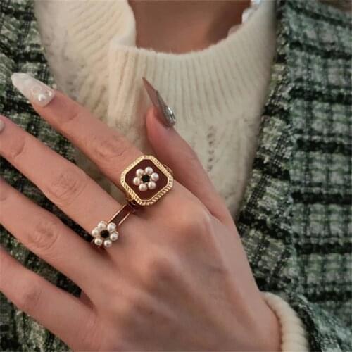 Black Zircon Pearl Flower Opening Ring Vintage Fashion And Elegant Palace Style Index Finger Ring Women Jewelry Gift Accessories