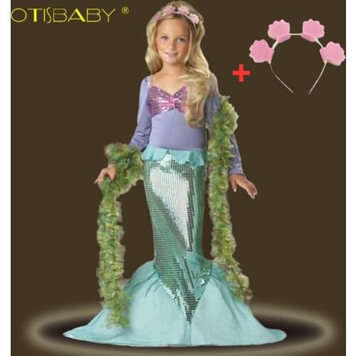 Girls Little Mermaid Dresses with Headwear Kids Sequins Mermaid Princess Dress Kids Fancy Halloween Carnival Cosplay Costumes