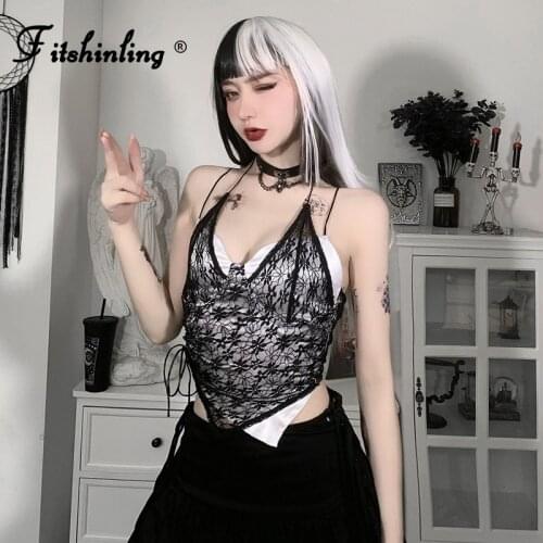 Fitshinling Lace Up Backless Cropped Tops Summer Clothes Gothic Dark Sexy Camisole Grunge Slim Tube Top Women Irregular Camis