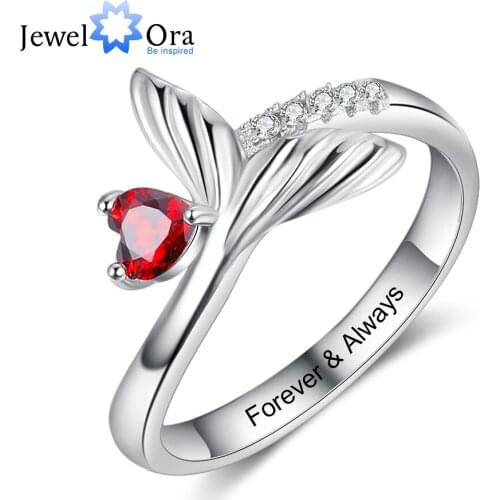 JewelOra Personalized Birthstone Fish Tail Rings for Women Customized Heart Stone Engraved Ring Christmas Birthday Gifts