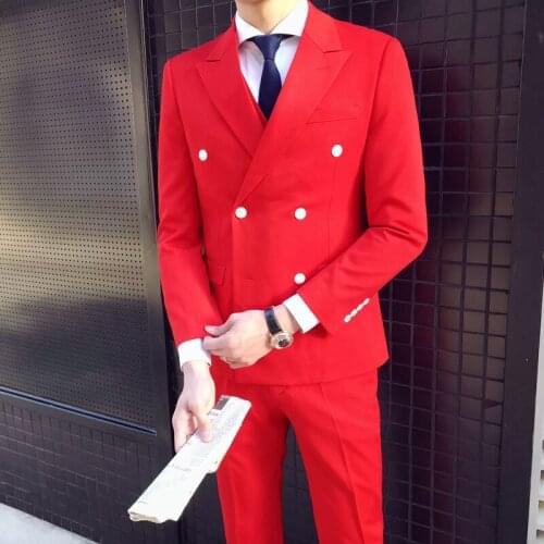 Men Wedding Dress Red Suits Men Boutique Slim Fit Suits Formal Wear Groom Set High Quality Jackets+Vest+Pants Suits 3-piece