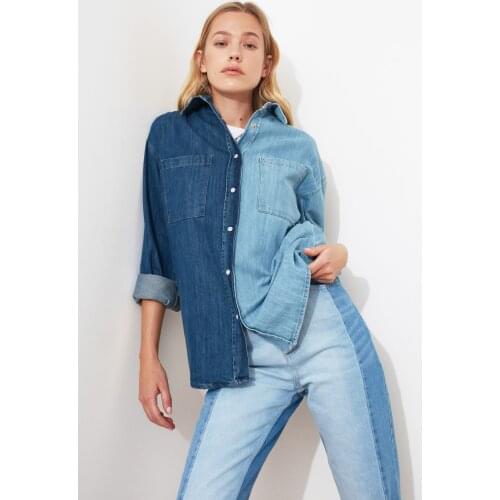 Oversize Denim Shirt With Blue Color Block Woman Style