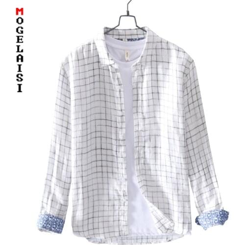 New 2019 Spring linen cotton shirt men casual small plaid linen Comfortable soft man white shirt camisa masculina LZ-760