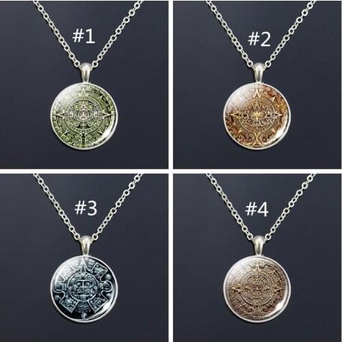SilverColour Necklace Mayan Totem Aztec Calendar Long Pendant Mexican Necklace Glass Cabochon Pendant Gifts