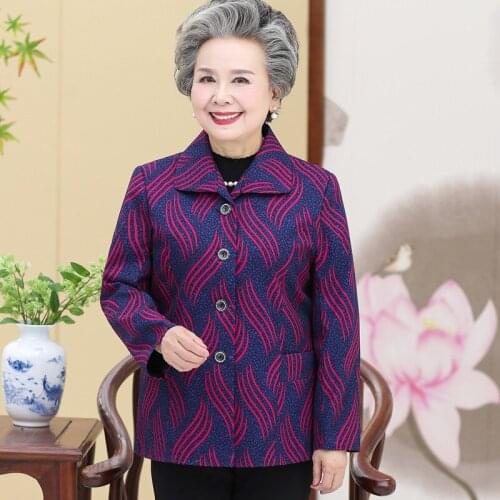 Elderly Women Coat Jacket Short Printed Long Sleeve Windbreaker Spring Autumn Lapel Single-breasted Fashion Jackets Outerwear