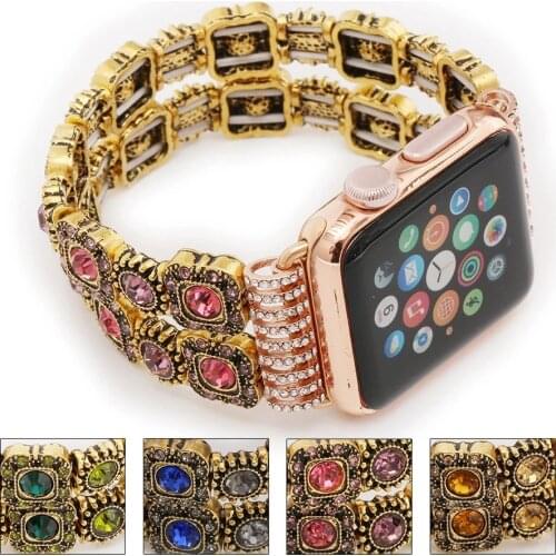 Elastic Beaded Watch Band for Apple iWatch Straps Series 5/4/3/2/1 Handmade Bracelet 38mm 42mm 40mm 44mm Band Woman Crystal Pink