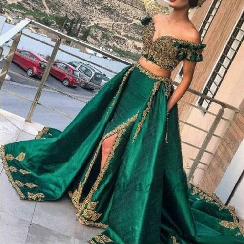 Sexy Two Piece Green Prom Dresses With Gold Lace Off The Shoulder Appliques Beaded Satin Abaya Dubai Evening Dress Long Formal