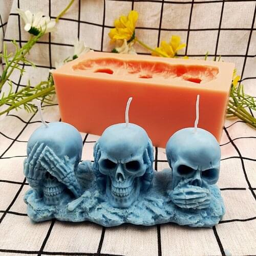 3 Sculls Silicone Candle Mold Do Not Listen Look Talk Figurine Resin Clay Plaster Moulds Home Office Decor