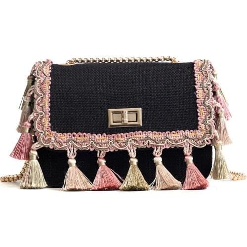 Crossbody Fringe Bag Boho High Quality Women Fashion Mini Chain Shoulder Bag Canvas National Fashion Summer Bag Tassel Flap