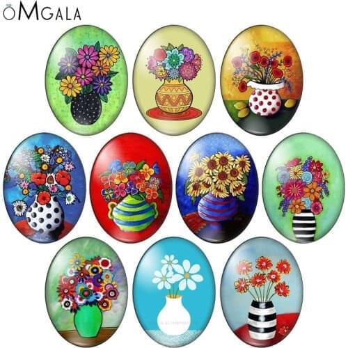 Beauty flowers vase Colorful images 10pcs mixed 13x18mm/18x25mm/30x40mm Oval photo glass cabochon flat back Making findings