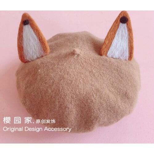 Japanese Lolita Sen Female Hand-made Felt Winter Wild Cute Fox Ears Painter Hat Beret Girl Painter Hat Cosplay Mori Student New