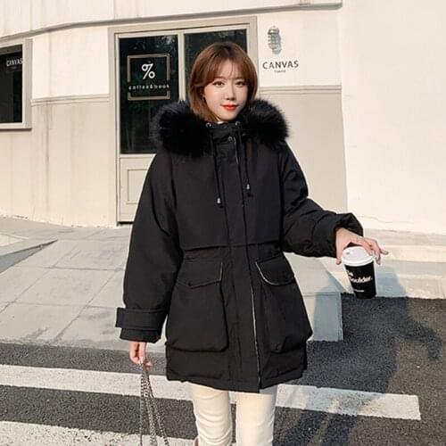 Womens Korean Style Parkas Solid Hooded with Fur Long Sleeve Big Pockets Ladies Long Winter Jacket Zipper Outwear for Female