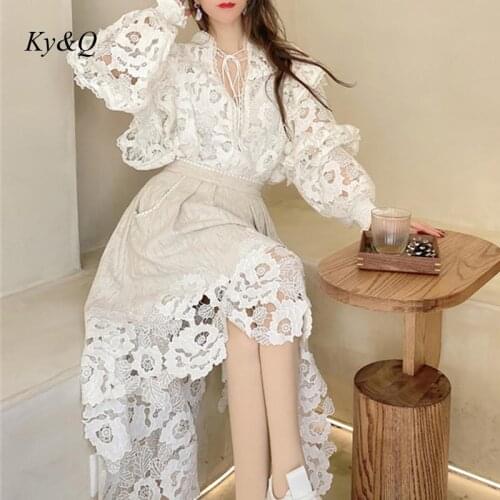 Runway Fashion Unique Luxury 2-Piece Set Lace Flower Shirt + Skirt Women Embroidery Sweet Elegant Tops Asymmetric Skirts