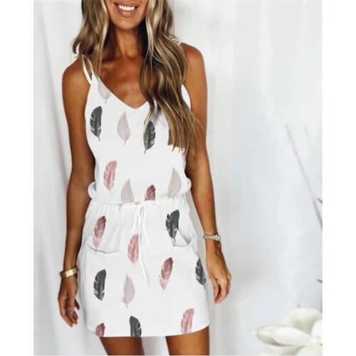 Women Casual V-Neck Sleeveless Lace-up Pockets Dress Sexy Strap Backless Print Mini Dress 2021 Fashion Loose Black Woman Dress