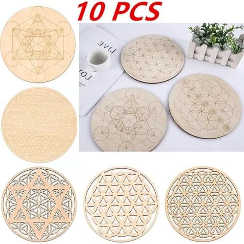 10PCS Chakra Flower of life Natural Symbol Wood Round Edge Circles Carved Coaster For Stone Crystal Set DIY Decor Mats Pads