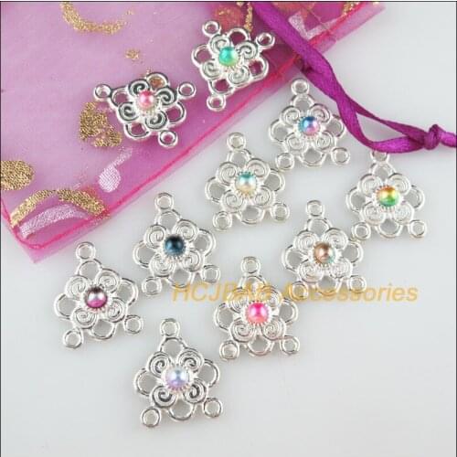 20 New Heart Charms Mixed Acrylic Flower Connectors Silver Plated 17x20mm