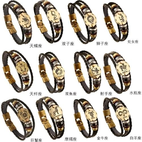 2020 Hot Style Jewelry Twelve Constellation Cowhide Simple Multi-layer Retro Woven Couple Punk Style leather Bracelet Bracelet