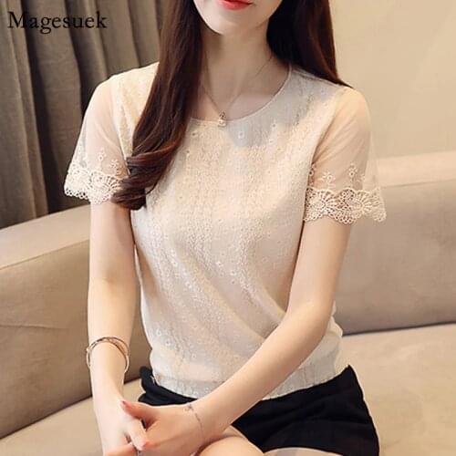 2021 Summer Chiffon Shirt Tops Elegant Plus Size Mesh Women Blouse Short Sleeve Lace Loose Ladies Shirts Blouses Casual Blusas