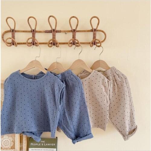 2021 new girls boys 2 pcs set summer cotton linen dots t shirt+long pants cool soft kids suit