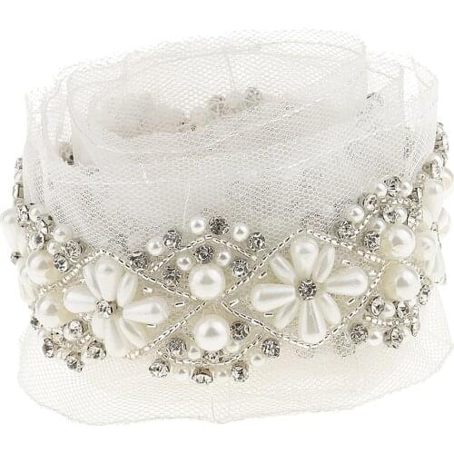 90cm Handmade Beaded Sewing Lace Trims Mesh Ribbon Dress Decor Craft White