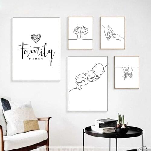 Abstract Family Baby hand Drag Line Black White Picture Home Decor Nordic Canvas Painting Wall Art Posters and Print for Living