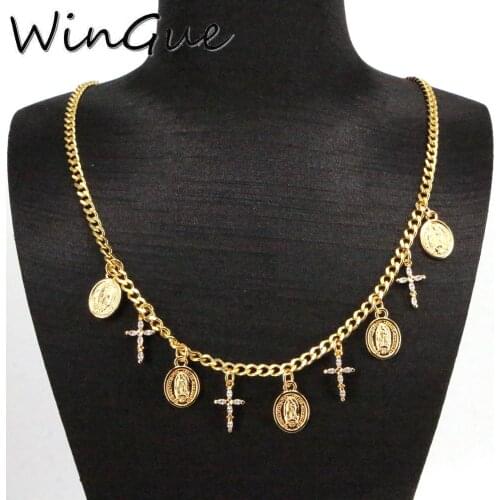 CZ Micro Pave Cross Virgin Mary Charm Choker Necklaces For Women Gold-color Geometric Pendant Necklace Religious Jewelry