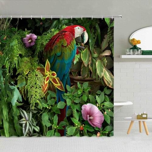 Colorful Parrot Shower Curtain Tropical Plant Green Leaf Flower Polyester Fabric High Quality Bathroom Supplies Decor With Hooks