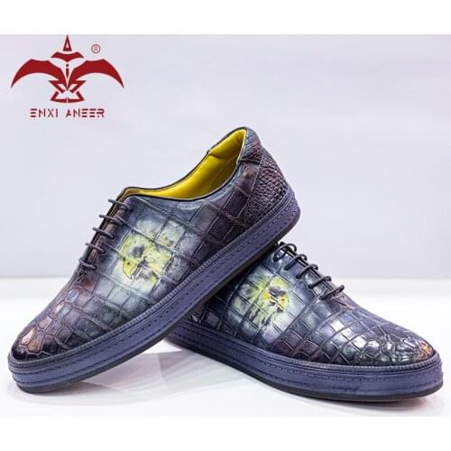 For Men Knows Art! 100% Genuine Crocodile Leather Men Shoes with Painting Sneakers Casual Shoes Handmade Custom Patina Grey