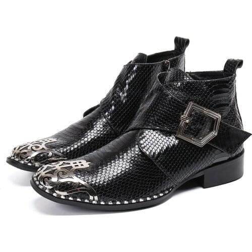 Glossy Black Leather Boots for Men Metal Toe Buckle Large Size Mens Ankle Boots Business Wedding Party Man Short Boots