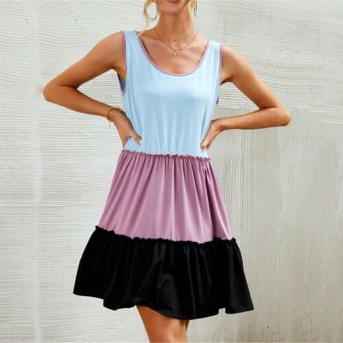 Summer Women Dress Casual Loose Sleeveless Hit Color Patchwork Ruffle Dresses For Woman Fashion Party Midi Sundress Robe Femme