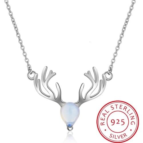 Hot Sale Christmas Jewelry 925 Sterling Silver Colorful Moonstone Elk Deer Necklace Pendant For Women Choker Chain Collares