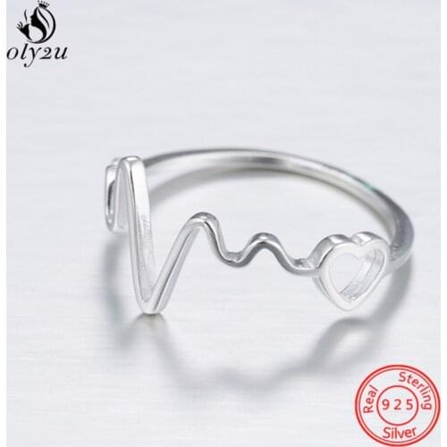 Fashion Popular Heartbeat Rings 925 Sterling Silver Jewelry for Women Girls Creative ECG with Heart Lightning Opening Ring 2021