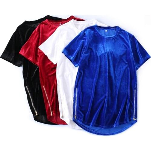 Mens Velvet T-Shirt Harajuku Oversized Tee Top Side Zipper Hip-hop T shirt for Men Red/Blue/Black Short-Sleeve Velour
