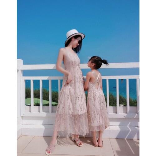 2021 Summer New Family Matching Outfits Baby Girl Beach Sequins Princess Dresses Baby Girl Suspender Dress Mother Daughter Dress