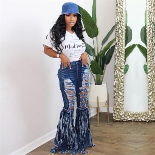 Autumn Sexy Ripped Tassel Jeans Women Hole High Waist Cut Out Hole Splicing Jeans Trousers Stretch Tight Flare Denim Pants
