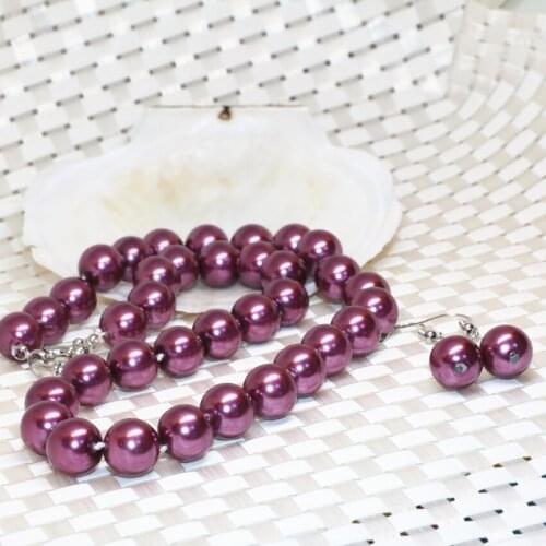 Party gifts purple 12mm round simulated-pearl shell beads earrings necklace for women anniversary jewelry set 18inch B2334