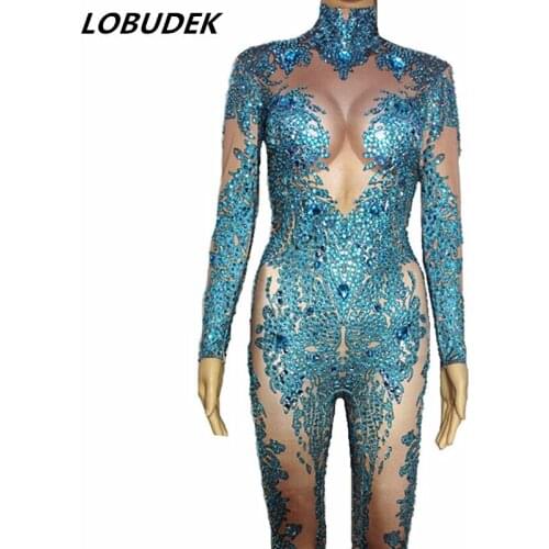 Full Rhinestones Blue Stretch Leotard Jumpsuit Glass Crystals Elastic Bodysuit Sexy Nightclub Party DS Costume Singer Stage Wear