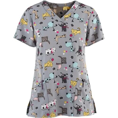 V-Neck Work Clothes Unisex Pet Grooming Uniforms Institutions Beauty Salon Scrubs Tops Scrubs Tops Spa Uniforms Print Shirt A50