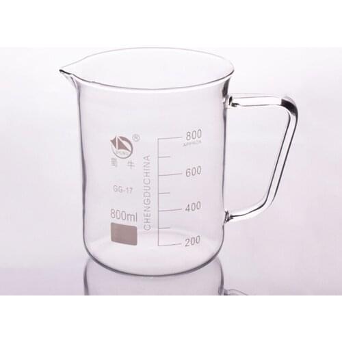 With handle beaker in low form,Capacity 800ml,Outer diameter=104mm,Height=138mm,Laboratory beaker with handle