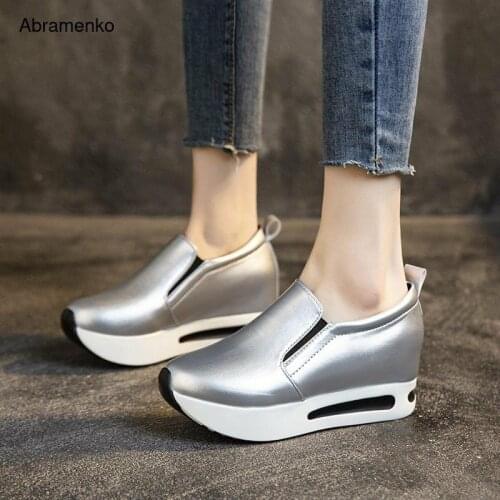 Spring Women Flat Platform Sneakers Slip On Silver Pu Leather Casual Shoes 2021 Woman Super Light Comfortable Loafers Size 35-40