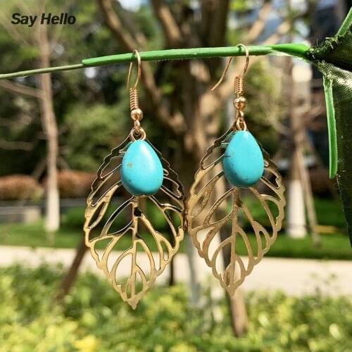 SAY HELLO Bohemian Turquoises Geometric Leaf Long Hanging Dangle Earrings Womens Ethnic Stone Hollow Drop Earrings Brinco B0107